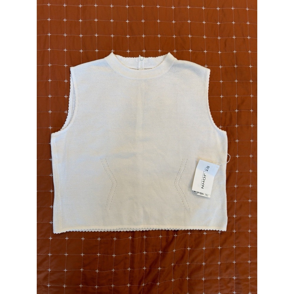 NWT St. John Marie Gray White Wool Sleeveless Sweater Top L $260 MSRP